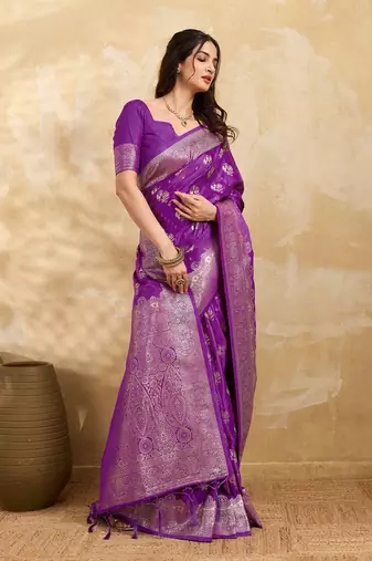 Purple Jacquard silk blend Rich Woven Zari Border Traditional Saree With Unstitched Blouse Piece