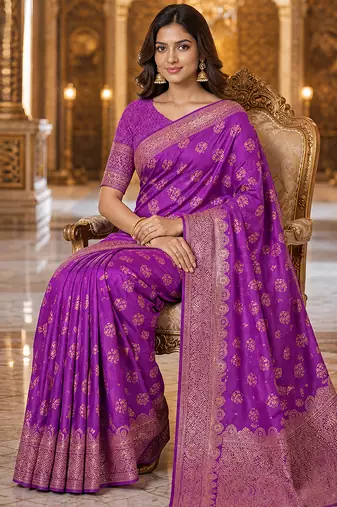 Purple Jacquard silk blend Rich Woven Zari Border Traditional Saree With Unstitched Blouse Piece