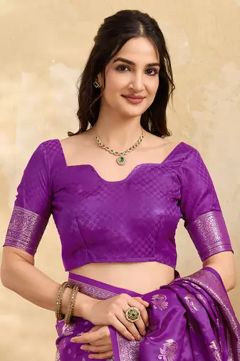 Purple Jacquard silk blend Rich Woven Zari Border Traditional Saree With Unstitched Blouse Piece