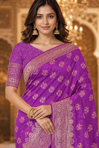 Purple Jacquard silk blend Rich Woven Zari Border Traditional Saree With Unstitched Blouse Piece