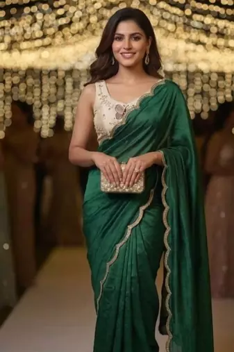 Green Color sequence Handwork Silk Blend Saree
