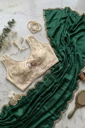 green sequence handwork silk blend saree