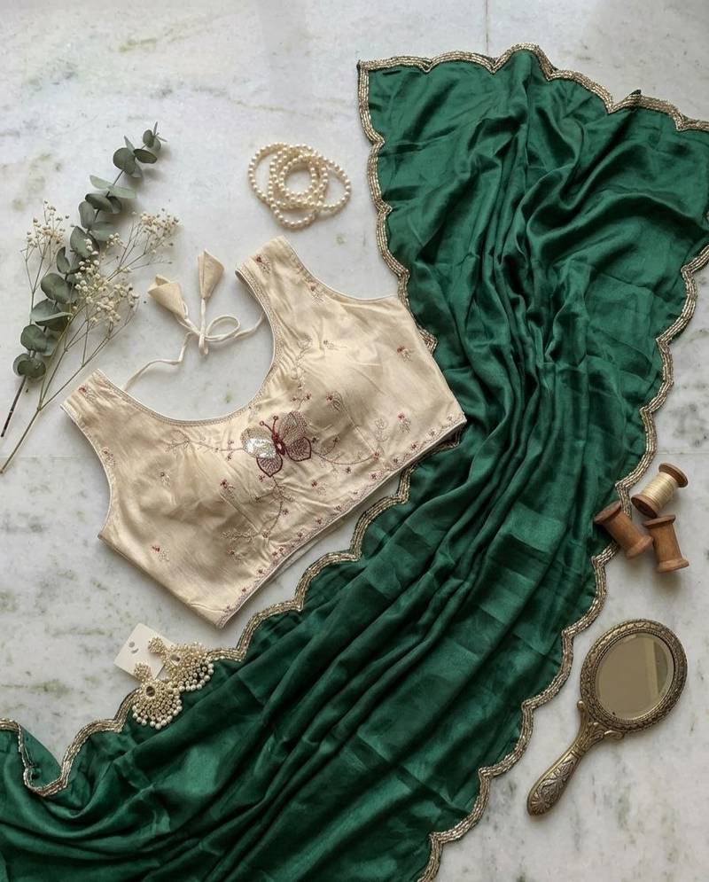 Green Color sequence Handwork Silk Blend Saree