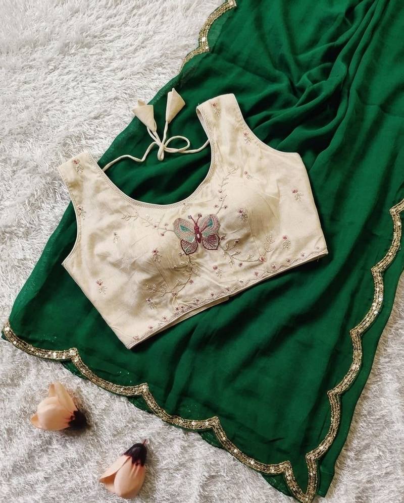 Green Color sequence Handwork Silk Blend Saree