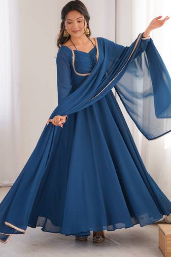 Tranding foux georgette dori work tealblue readymade ethnic gown