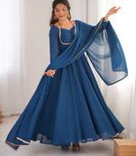 Tranding foux georgette dori work tealblue readymade ethnic gown