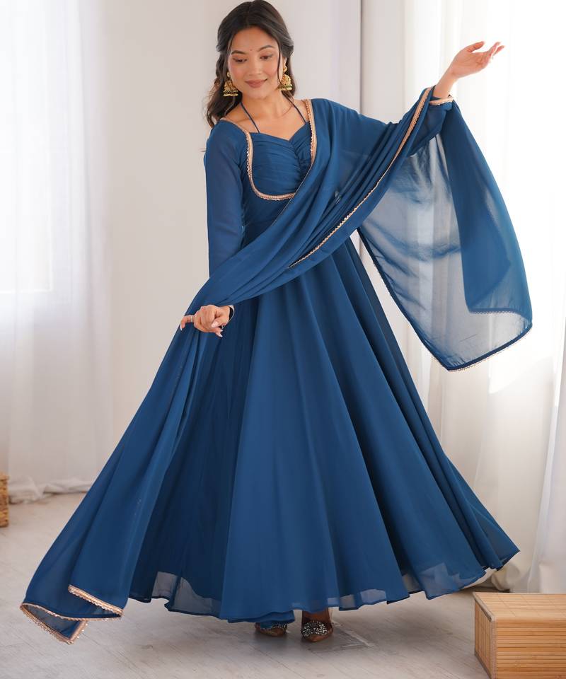 Tranding foux georgette dori work tealblue readymade ethnic gown