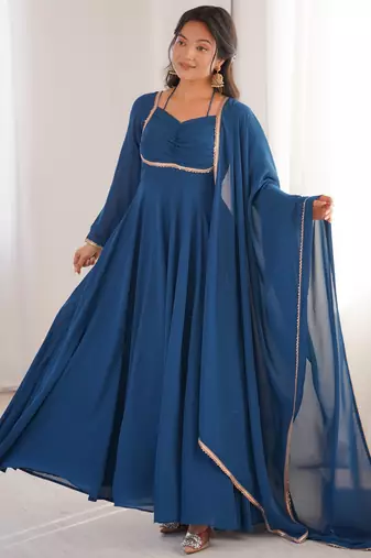  foux georgette dori work tealblue readymade ethnic gown