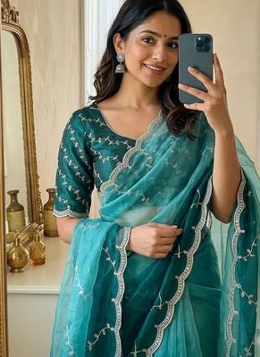 Teal Color embroidery work Chiffon Saree 1