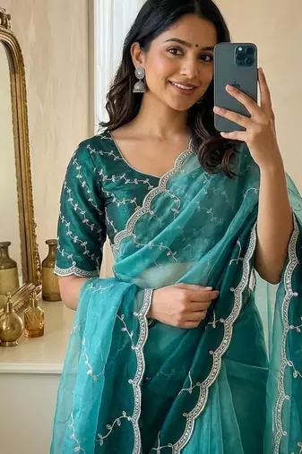 Teal Color embroidery work Chiffon Saree