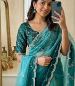Teal Color embroidery work Chiffon Saree