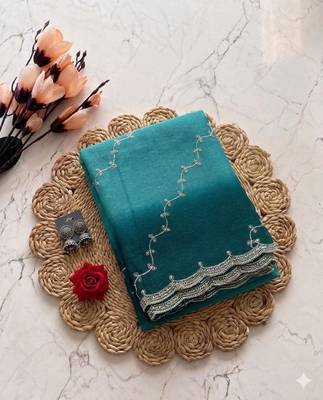 Teal Color embroidery work Chiffon Saree 2