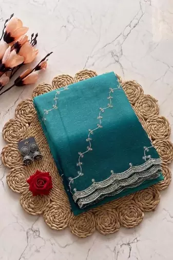 Teal Color embroidery work Chiffon Saree