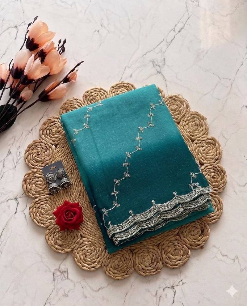Teal Color embroidery work Chiffon Saree