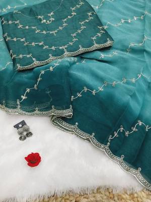 Teal Color embroidery work Chiffon Saree 3