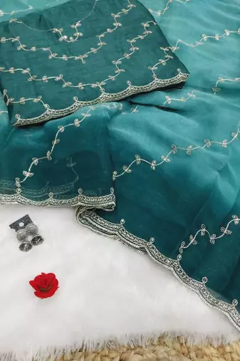 Teal Color embroidery work Chiffon Saree
