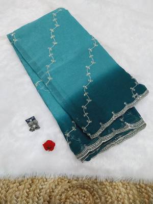 Teal Color embroidery work Chiffon Saree 4