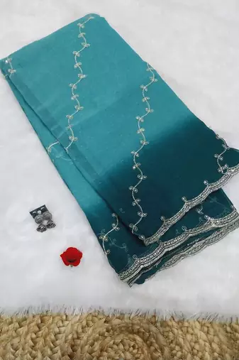 Teal Color embroidery work Chiffon Saree
