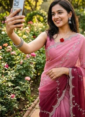 Pink Color embroidery work Chiffon Saree 1