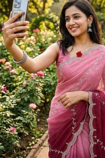 Pink Color embroidery work Chiffon Saree