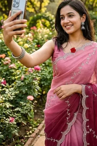 Pink Color embroidery work Chiffon Saree