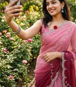Pink Color embroidery work Chiffon Saree
