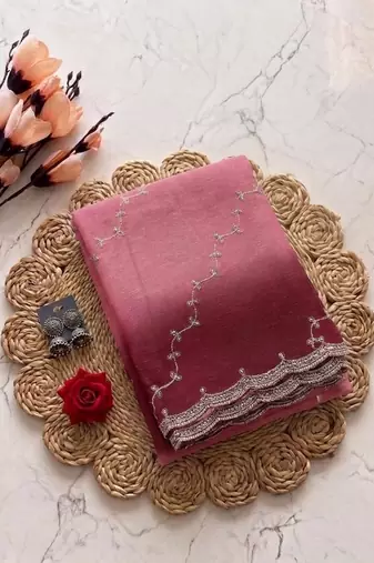Pink Color embroidery work Chiffon Saree