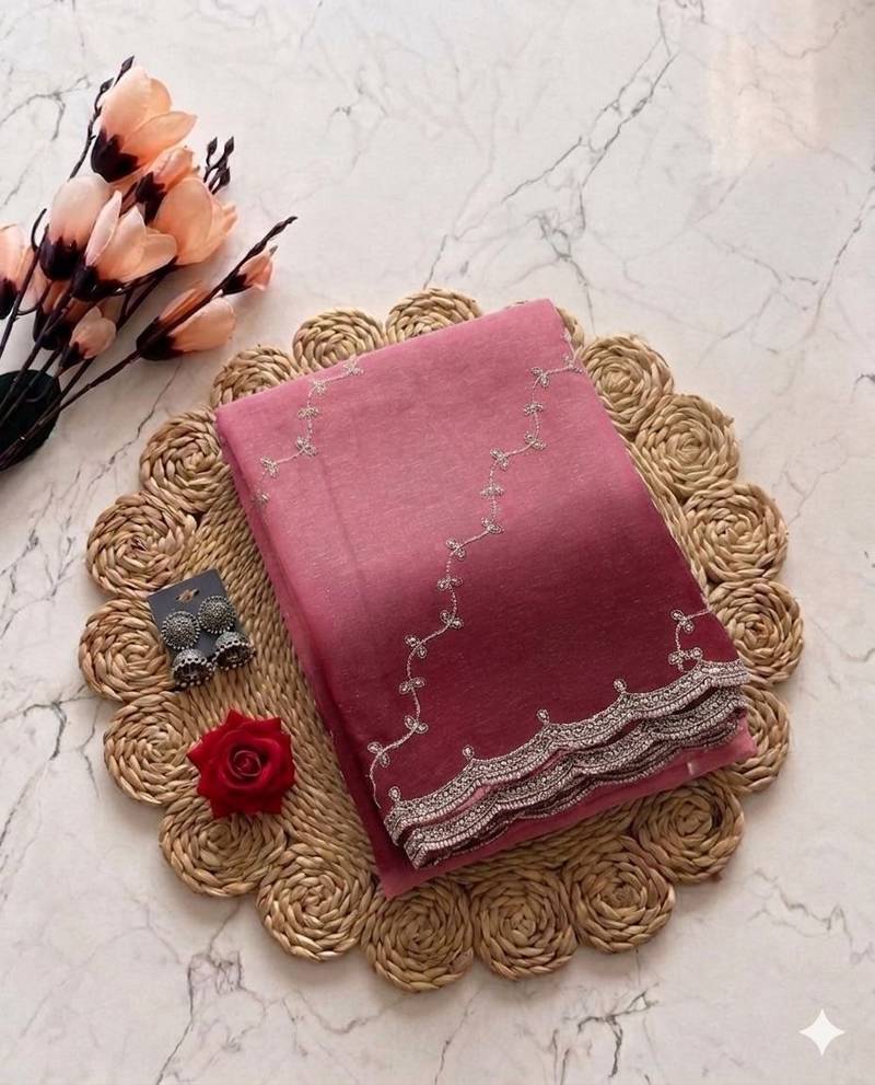 Pink Color embroidery work Chiffon Saree