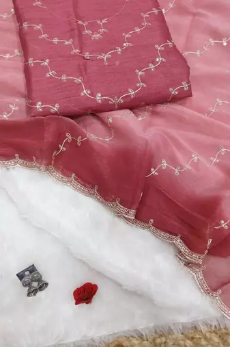 Pink Color embroidery work Chiffon Saree