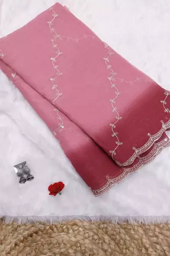 Pink Color embroidery work Chiffon Saree