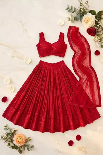 Red Georgette Embroidery Sequence work Lehenga Choli with Dupatta For Women