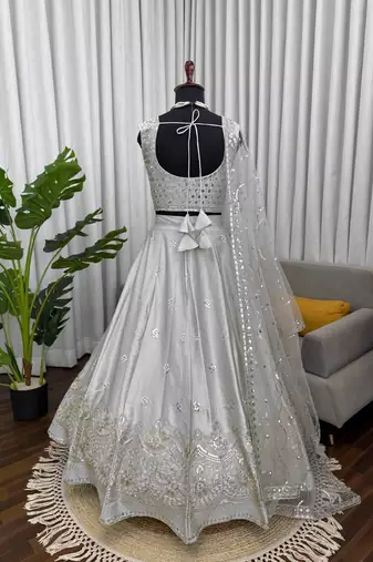 light grey jatan silk thread sequin lehenga choli set