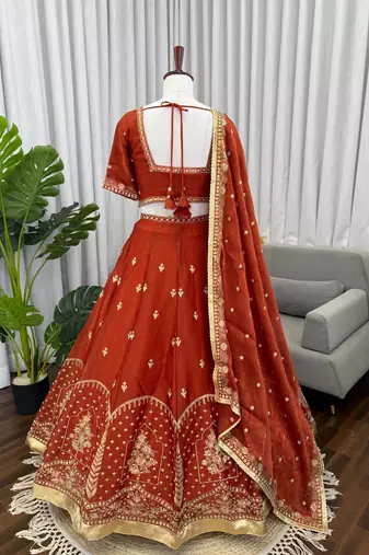 rust orange art silk thread sequin lehenga choli set