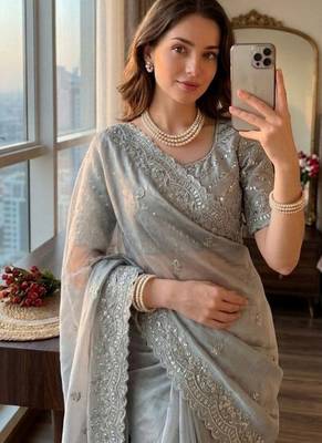Light Grey Color  sequence and zari embroidered Work  Silk Blend Saree 1