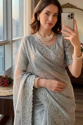 Light Grey Color  sequence and zari embroidered Work  Silk Blend Saree