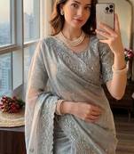 Light Grey Color  sequence and zari embroidered Work  Silk Blend Saree