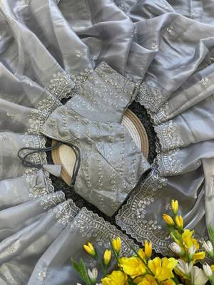 Light Grey Color  sequence and zari embroidered Work  Silk Blend Saree 2