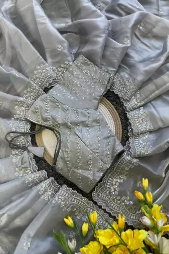 Light Grey Color  sequence and zari embroidered Work  Silk Blend Saree