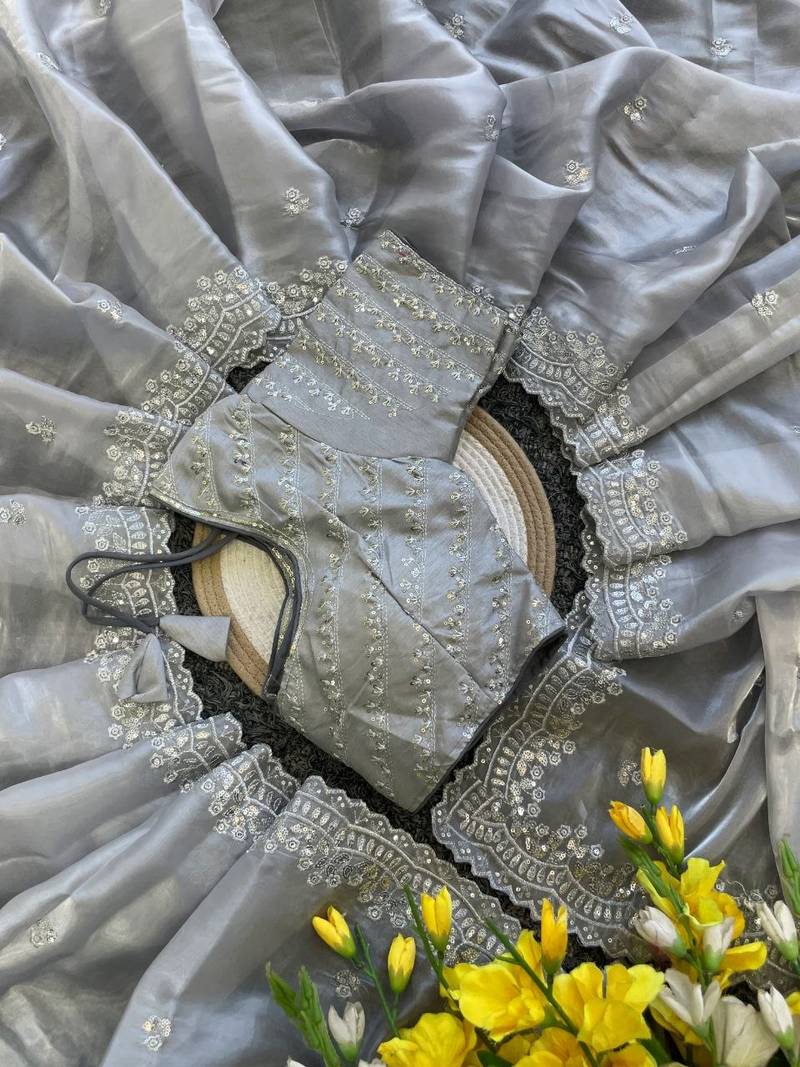 Light Grey Color  sequence and zari embroidered Work  Silk Blend Saree
