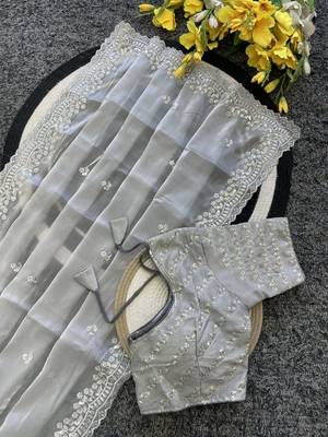 Light Grey Color  sequence and zari embroidered Work  Silk Blend Saree 3