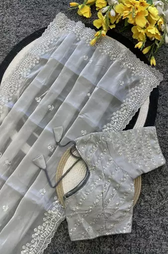 Light Grey Color  sequence and zari embroidered Work  Silk Blend Saree