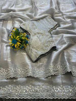 Light Grey Color  sequence and zari embroidered Work  Silk Blend Saree 4