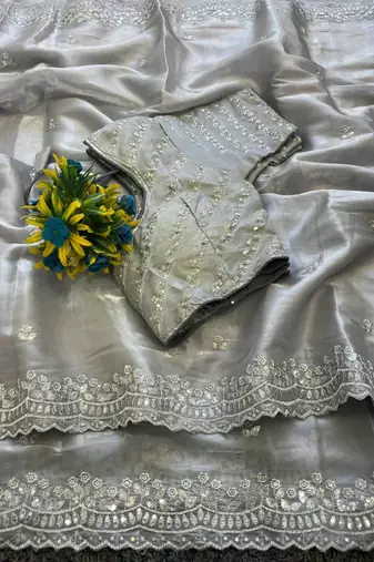 Light Grey Color  sequence and zari embroidered Work  Silk Blend Saree