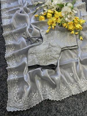 Light Grey Color  sequence and zari embroidered Work  Silk Blend Saree 5