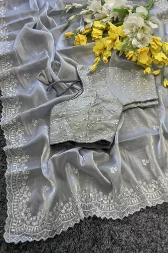 Light Grey Color  sequence and zari embroidered Work  Silk Blend Saree