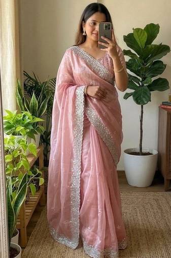 Light Pink Color  sequence and zari embroidered Work  Silk Blend Saree