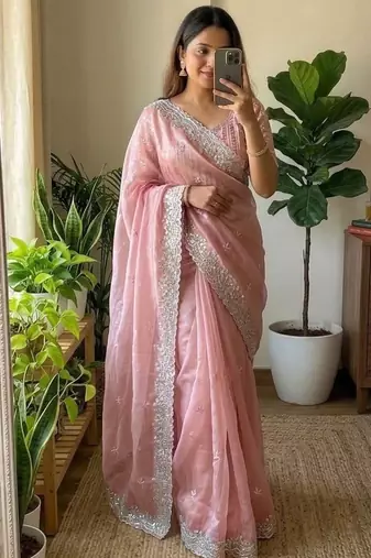 Light Pink Color  sequence and zari embroidered Work  Silk Blend Saree
