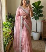 Light Pink Color  sequence and zari embroidered Work  Silk Blend Saree