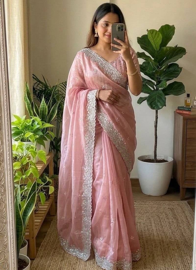 Light Pink Color  sequence and zari embroidered Work  Silk Blend Saree