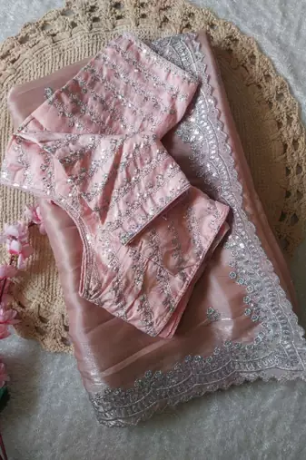 Light Pink Color  sequence and zari embroidered Work  Silk Blend Saree